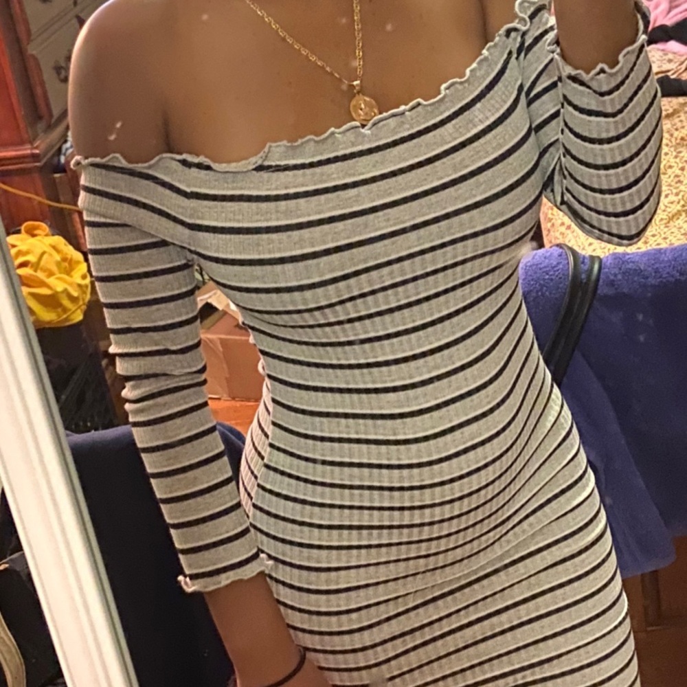 striped off the shoulder bodycon dress
